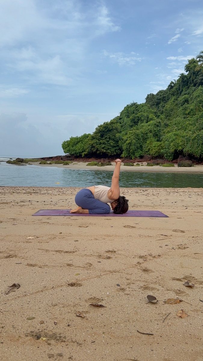 Prajakta Gogate relaxing in Child's pose, representing stress release