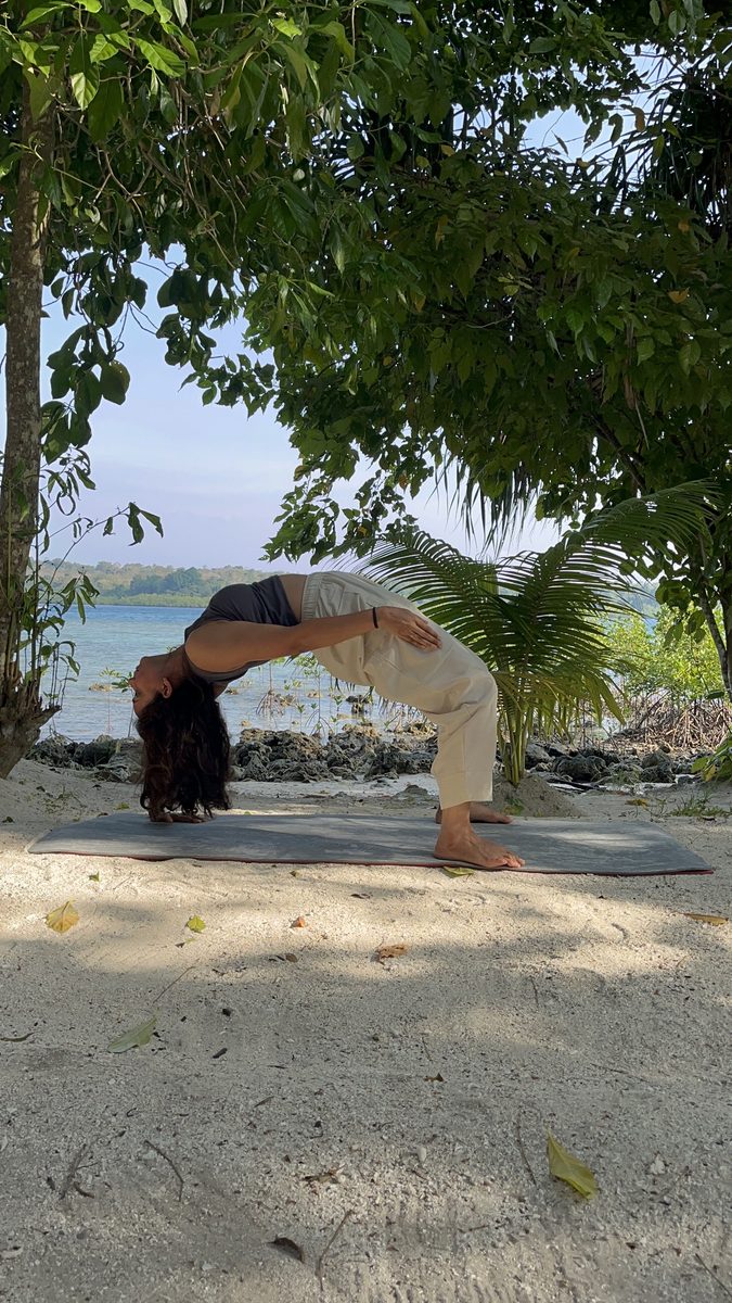 Prajakta Gogate in Wheel pose, representing flexibility and physical fitness